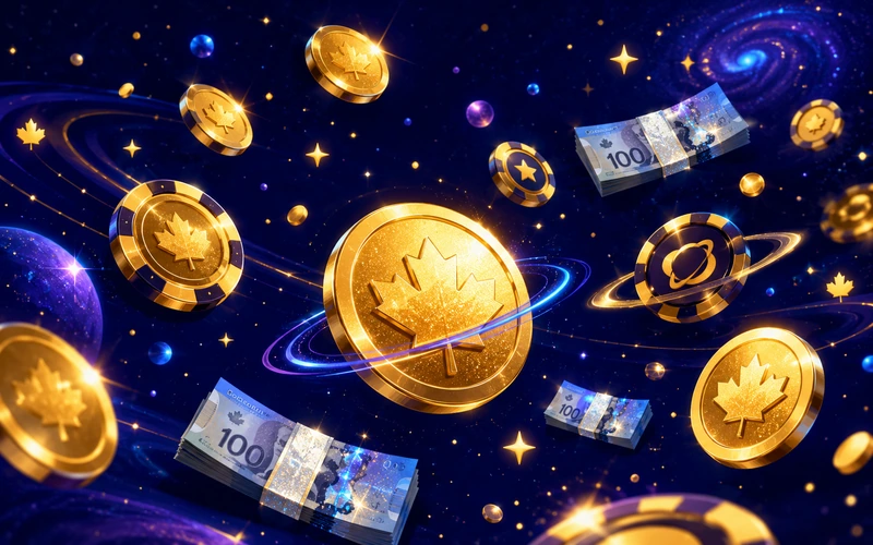 Stack of golden coins and chips with Canadian flag accent — this brand welcome bonus illustration