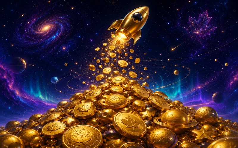 Pile of golden coins and chips with cosmic background — this brand three-tier bonus illustration