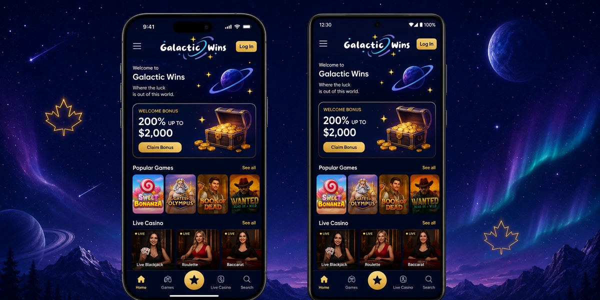 Galactic Wins Canada on iPhone and Android — mobile casino lobby preview