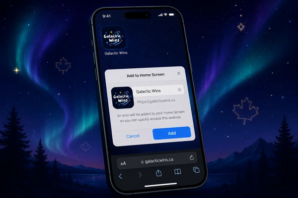 this online casino PWA install — Add to Home Screen prompt and app icon on phone screen
