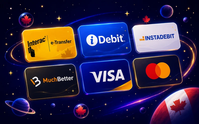 Interac e-Transfer, iDebit, Instadebit and MuchBetter payment logos for Galactic Wins Canada