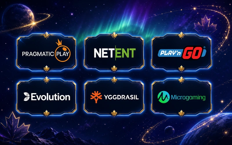 Pragmatic Play, NetEnt, Play'n GO, Evolution, Yggdrasil and Microgaming logos on cosmic background