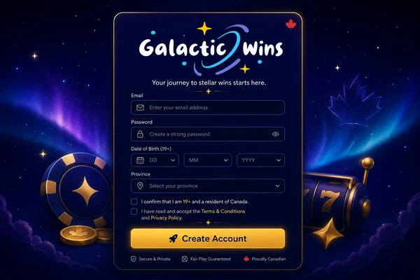 Galactic Wins Canada registration form with email, password, date of birth and province fields