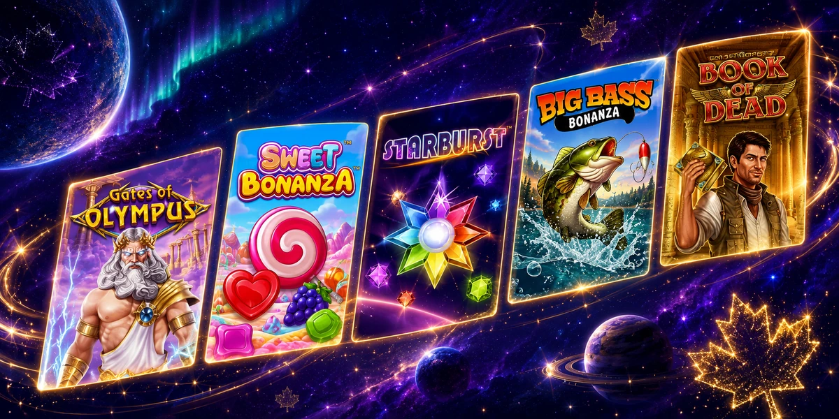 Galactic Wins Canada slots collage — Gates of Olympus, Sweet Bonanza, Starburst, Big Bass Bonanza and Book of Dead