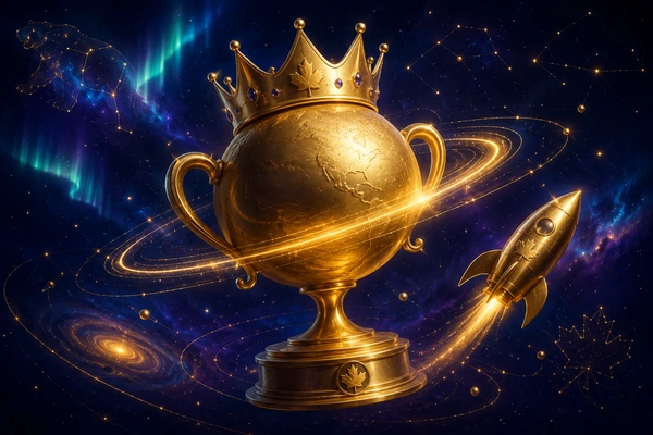 the casino VIP — golden trophy planet with crown and starfield background